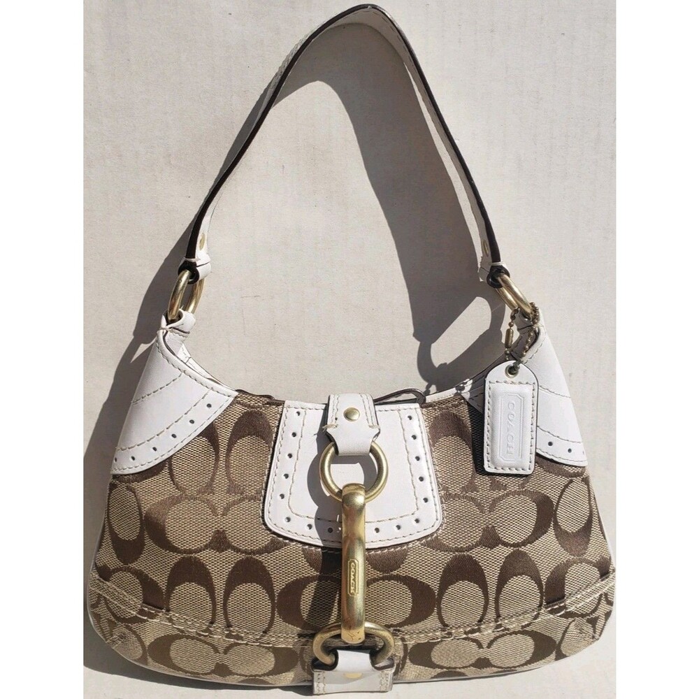Coach Hampton Signature C Small Hobo Buckle Tan Cream Jacquard Shoulder Bag EUC
